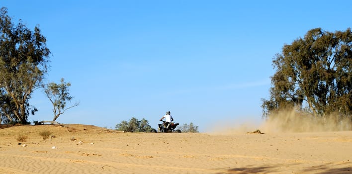 Two young men on quadbike in desert