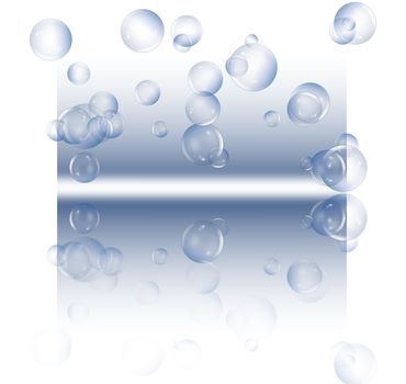 Illustration depicting a selection of clear bubbles floating against a blue and white background and reflecting into the foreground.