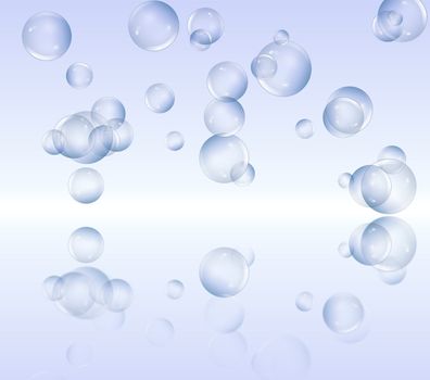 Illustration depicting a selection of clear bubbles against a pale blue gradient blur background and reflecting into the foreground.