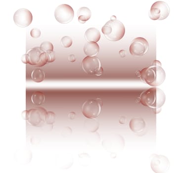 Illustration depicting a selection of clear bubbles floating against a dark red and white background and reflecting into the foreground.
