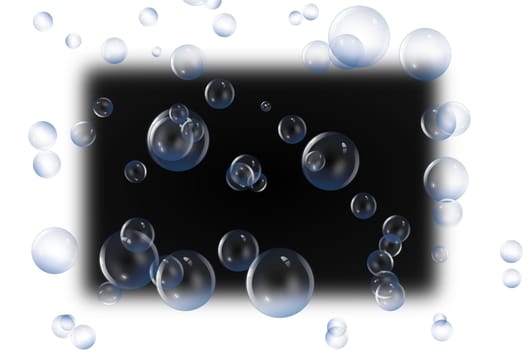 Illustration depicting a selection of clear bubbles against black blur rectangle.
