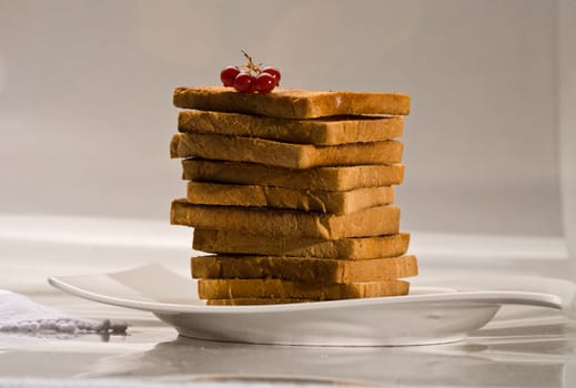 food series: toasts and red currant on the white plate