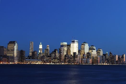 The skyline of Manhattan in New York City at night.