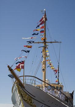 The Danish Queen Margrethe the II�s naval yacht Dannebrog  on official summer visit in Nyborg, Denmark June 2nd 2009.