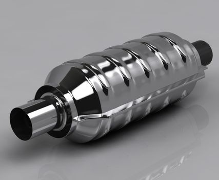 3D of shiny catalytic converter on grey background