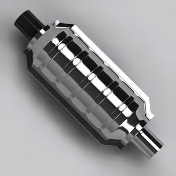 3D of shiny catalytic converter on grey background