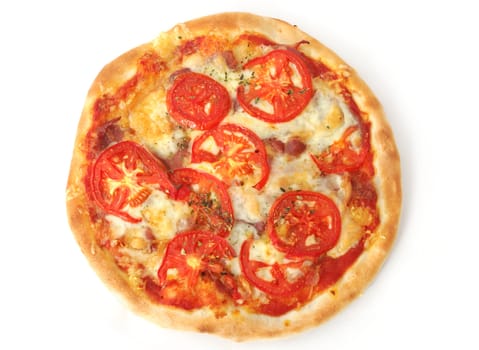 isolated pizza with fresh tomatoes on white background
