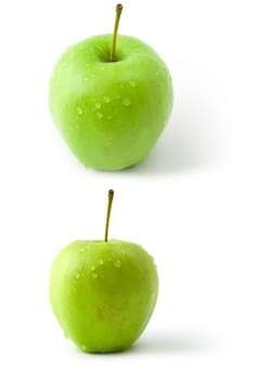 isolated green apple with drops in two views