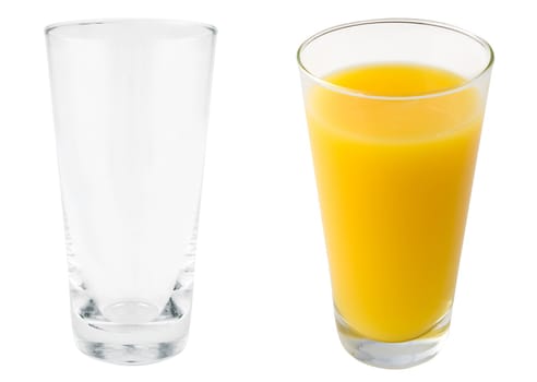 glass, empty and full of orange juice in two views