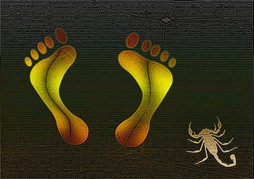 great creative textured abstract color image legs and a scorpion who wants to bite.