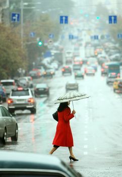 women cross the street on the rain