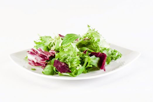 Mix of crisp and sweet lettuce leaves on white background