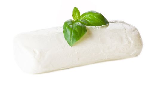 Fresh basil leaf on mozzarella cheese - isolated

