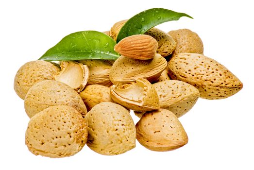 Almonds with green leaves - isolated