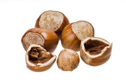 Nuts in shells with one open over white background