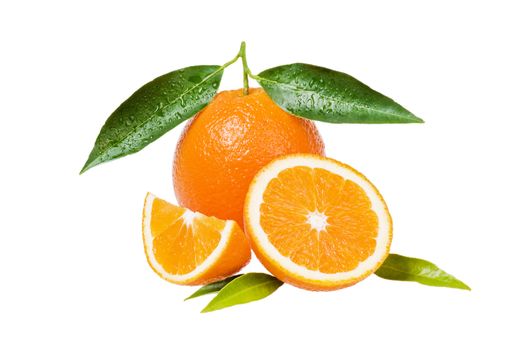 Fresh orange with leaves on white background