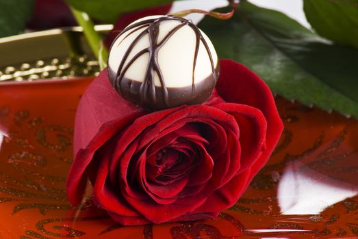 Close up of fresh red rose with chocolate on top