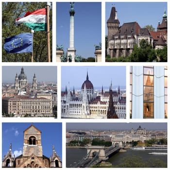 A collage of photographs of places of the Hungarian capital Budapest
