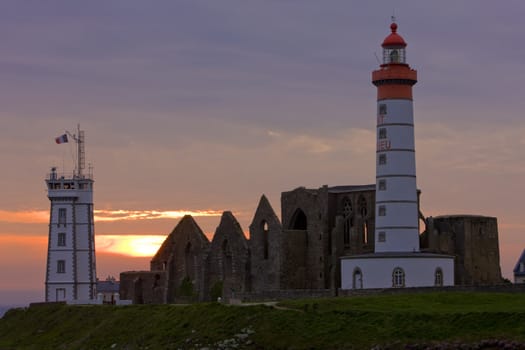lighthouse and ruins of monastery, Pointe de Saint Mathieu, Brittany, France
