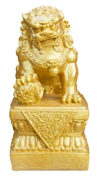 Golden Lion Statue, symbol of protection & power in Oriental Asia, isolated on white background