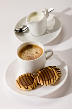 drink series: cup of coffee, pastry and milk
