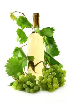 A bottle of white wine with grapes and leaves