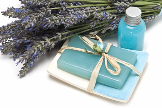 Lavender and hygiene items made of lavender isolated on a white background.