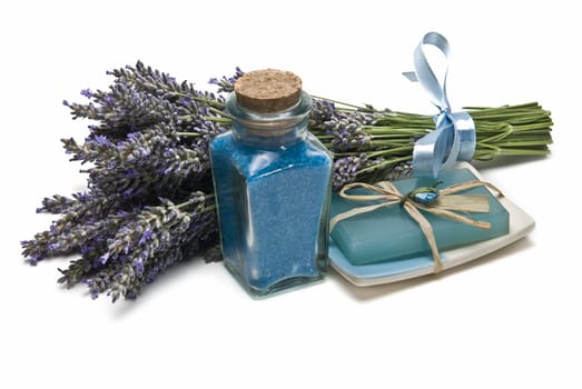 Lavender and hygiene items made of lavender isolated on a white background.