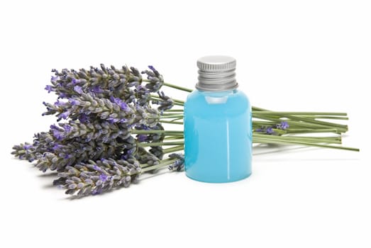 Lavender and hygiene items made of lavender isolated on a white background.