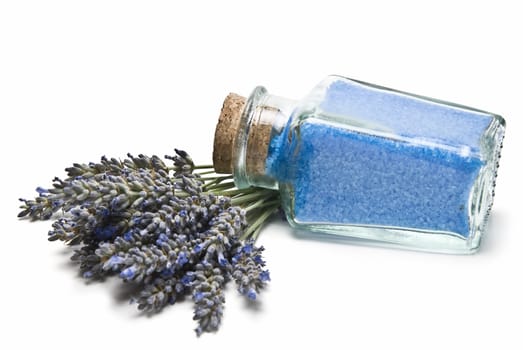 Lavender and hygiene items made of lavender isolated on a white background.