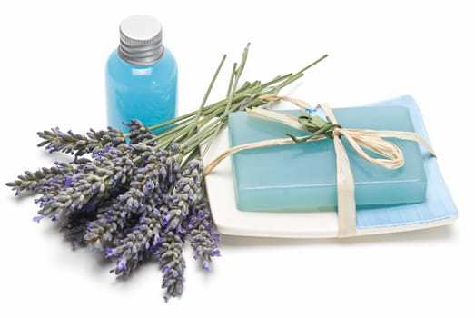 Lavender and hygiene items made of lavender isolated on a white background.