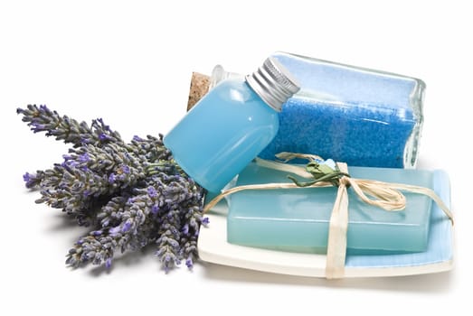 Lavender and hygiene items made of lavender isolated on a white background.