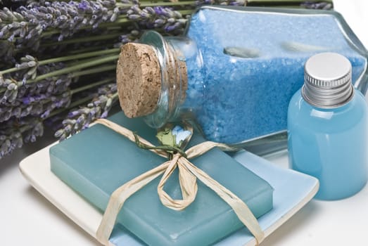 Still life with lavender and bath items.