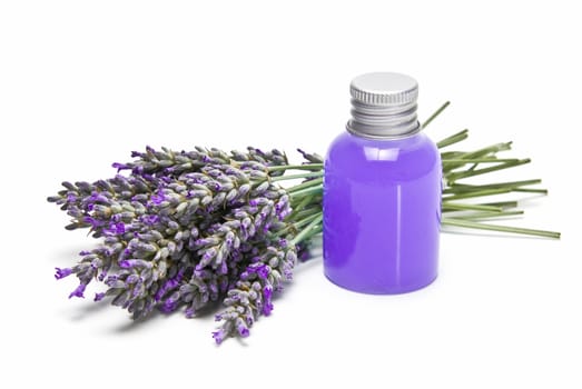 A jar of gel and a bunch of lavender isolated over a white background.