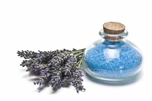 Lavender and hygiene items made of lavender isolated on a white background.