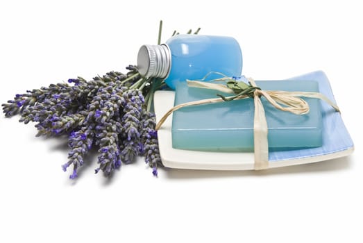 Lavender and hygiene items made of lavender isolated on a white background.