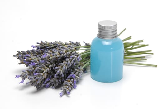 Lavender and hygiene items made of lavender isolated on a white background.