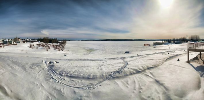 Panoramic view of a frozen lake in the north of Quebec Canada