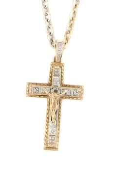gold religious cross at chain, isolated on a white background