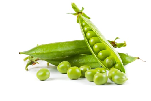 Ripe pea vegetable with green leaf isolated on white background