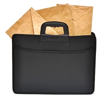 Black business briefcase with envelopes on white background