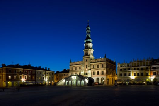 Town Hall at night, Main Square (Rynek Wielki), Zamosc, Poland