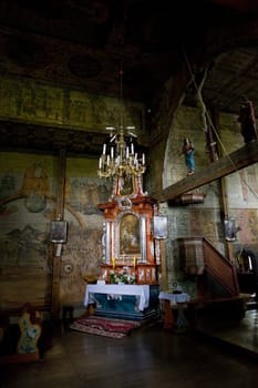 interior of wooden church, Blizne, Poland