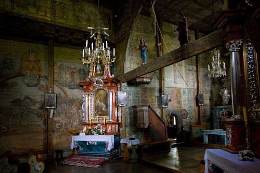 interior of wooden church, Blizne, Poland