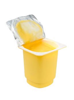 vanilla yogurt in a yellow plastic cup