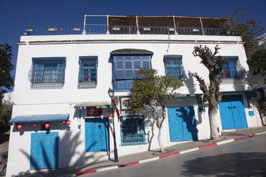 Sidi Bou Said - typical building with white walls, blue doors and windows
