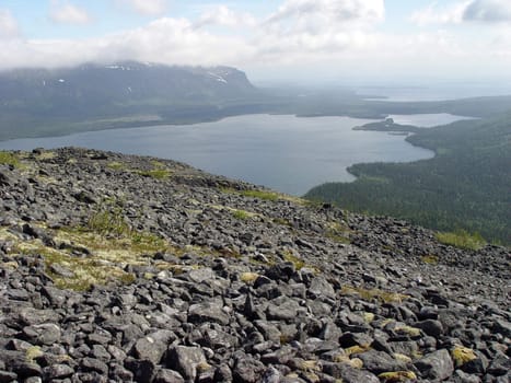 view on wonderful lakes from mountain                             