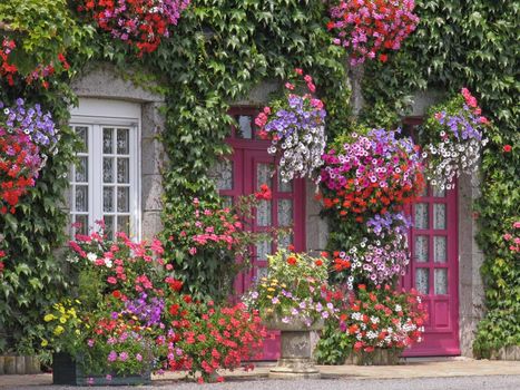 Le Haut de la Lande, House with flowers, Brittany, North France. Le Haut de la Lande, Haus mit Blumen.