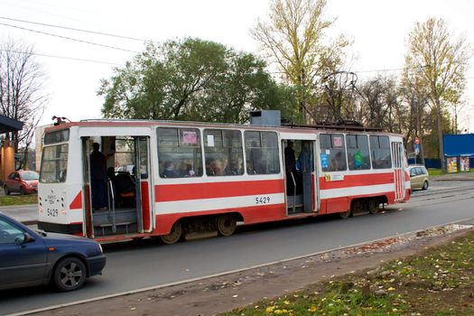 city classic tramway on the road