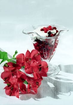Red berry with cream and flower on tablecloth